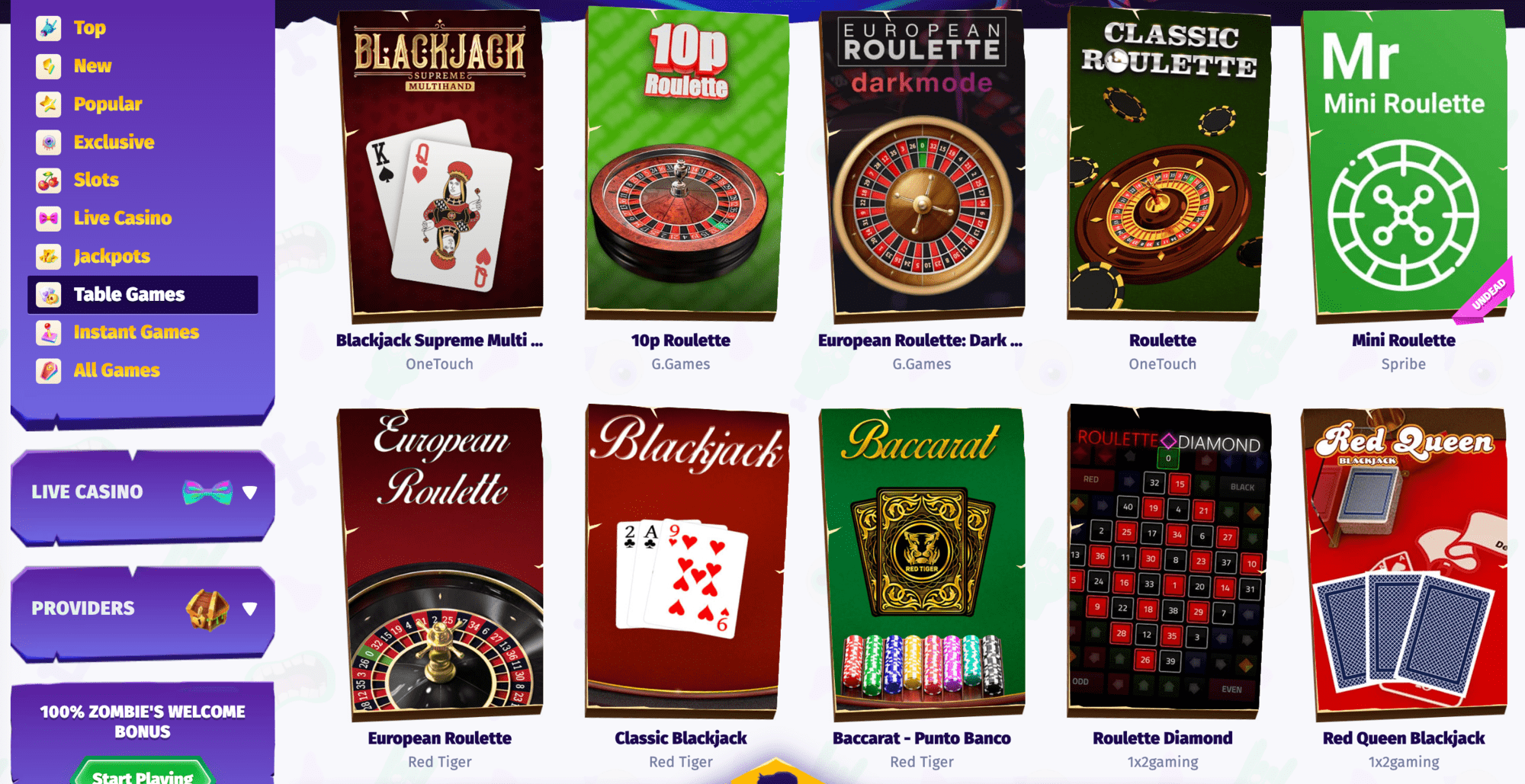 Casombie Casino card games and roulette games